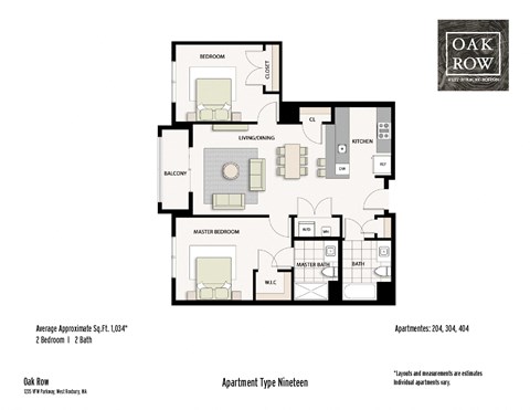 Floor plan for 2 beds, 2 baths, 1038 sqft